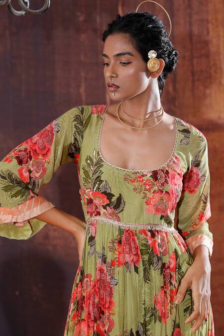 Shop Affroz Green Crepe Sequins, Embroidery Scoop Neck Floral Print Anarkali Set Online at Aza Fashions Shop_Affroz_Green Crepe Sequins, Embroidery Scoop Neck Floral Print Anarkali Set _Online_at_Aza_Fashions