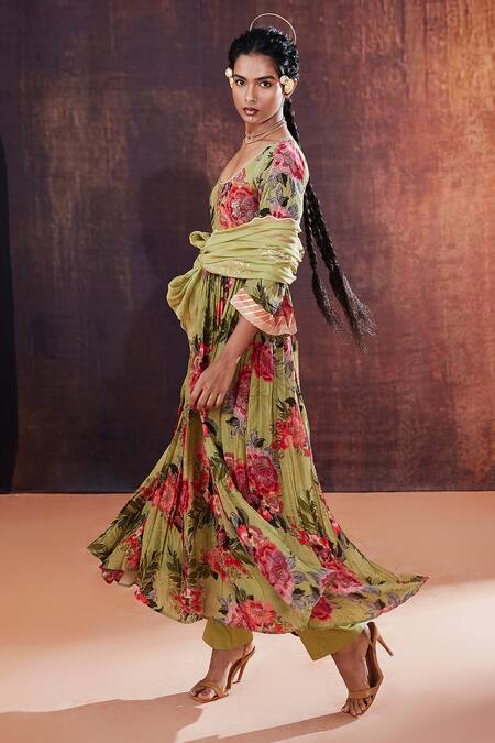 Affroz Green Crepe Sequins, Embroidery Scoop Neck Floral Print Anarkali Set at Aza Fashions Affroz_Green Crepe Sequins, Embroidery Scoop Neck Floral Print Anarkali Set _at_Aza_Fashions