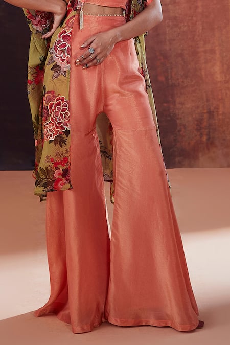 Affroz Peach Silk, Tissue Embroidery, Sequins, Zari Floral Print Jacket Sharara Set Online at Aza Fashions Affroz_Peach Silk, Tissue Embroidery, Sequins, Zari Floral Print Jacket Sharara Set _Online_at_Aza_Fashions