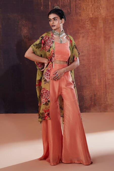 Buy Affroz Peach Silk, Tissue Embroidery, Sequins, Zari Floral Print Jacket Sharara Set Online at Aza Fashions Buy_Affroz_Peach Silk, Tissue Embroidery, Sequins, Zari Floral Print Jacket Sharara Set _Online_at_Aza_Fashions