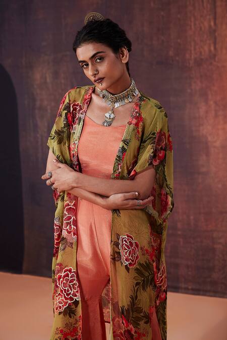Affroz Peach Silk, Tissue Embroidery, Sequins, Zari Floral Print Jacket Sharara Set at Aza Fashions Affroz_Peach Silk, Tissue Embroidery, Sequins, Zari Floral Print Jacket Sharara Set _at_Aza_Fashions