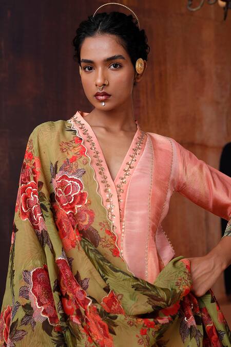 Shop Affroz Pink Tissue, Silk Beads, Sequins, Embroidery Floral Neckline Anarkali Set Online at Aza Fashions Shop_Affroz_Pink Tissue, Silk Beads, Sequins, Embroidery Floral Neckline Anarkali Set _Online_at_Aza_Fashions