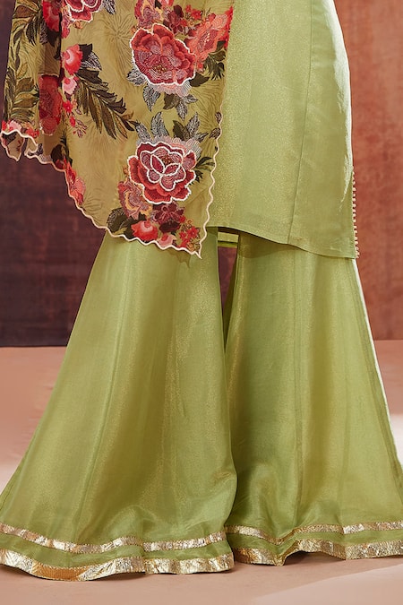 Affroz Green Tissue, Silk Embroidery, Sequins V-neck Floral Neckline Kurta Sharara Set Online at Aza Fashions Affroz_Green Tissue, Silk Embroidery, Sequins V-neck Floral Neckline Kurta Sharara Set _Online_at_Aza_Fashions