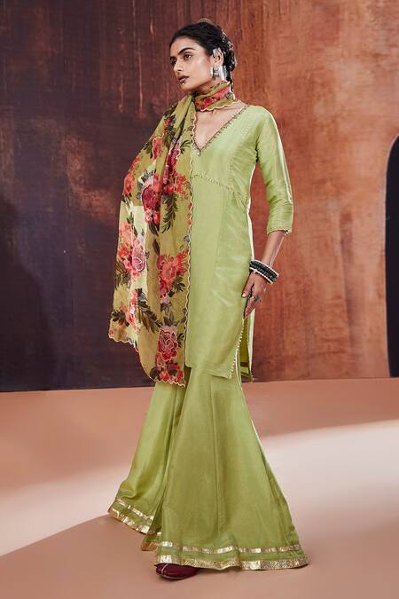 Buy Affroz Green Tissue, Silk Embroidery, Sequins V-neck Floral Neckline Kurta Sharara Set Online at Aza Fashions Buy_Affroz_Green Tissue, Silk Embroidery, Sequins V-neck Floral Neckline Kurta Sharara Set _Online_at_Aza_Fashions