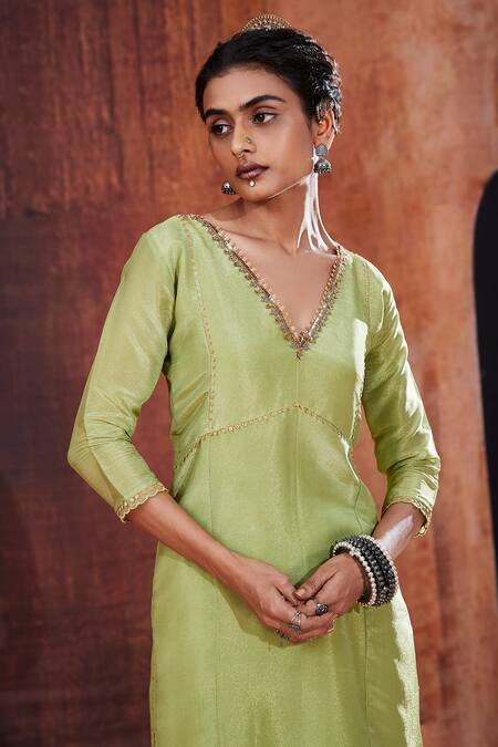 Shop Affroz Green Tissue, Silk Embroidery, Sequins V-neck Floral Neckline Kurta Sharara Set Online at Aza Fashions Shop_Affroz_Green Tissue, Silk Embroidery, Sequins V-neck Floral Neckline Kurta Sharara Set _Online_at_Aza_Fashions