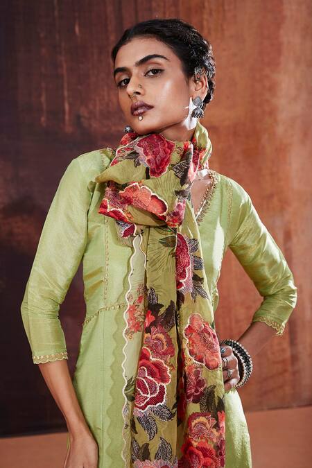 Affroz Green Tissue, Silk Embroidery, Sequins V-neck Floral Neckline Kurta Sharara Set at Aza Fashions Affroz_Green Tissue, Silk Embroidery, Sequins V-neck Floral Neckline Kurta Sharara Set _at_Aza_Fashions