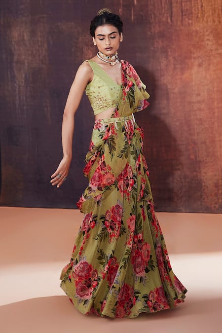 Affroz Green Crepe Sequins, Beads, Diamonds Floral Print Lehenga Saree With Blouse Online at Aza Fashions Affroz_Green Crepe Sequins, Beads, Diamonds Floral Print Lehenga Saree With Blouse _Online_at_Aza_Fashions