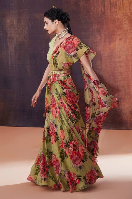 Buy Affroz Green Crepe Sequins, Beads, Diamonds Floral Print Lehenga Saree With Blouse Online at Aza Fashions Buy_Affroz_Green Crepe Sequins, Beads, Diamonds Floral Print Lehenga Saree With Blouse _Online_at_Aza_Fashions