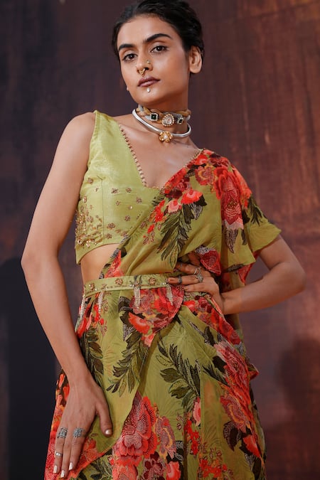 Affroz Green Crepe Sequins, Beads, Diamonds Floral Print Lehenga Saree With Blouse at Aza Fashions Affroz_Green Crepe Sequins, Beads, Diamonds Floral Print Lehenga Saree With Blouse _at_Aza_Fashions