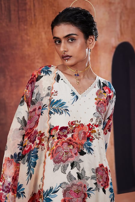Shop_Affroz_Ivory Crepe Sequins, Beads V-neck Floral Print Kurta Set _Online_at_Aza_Fashions