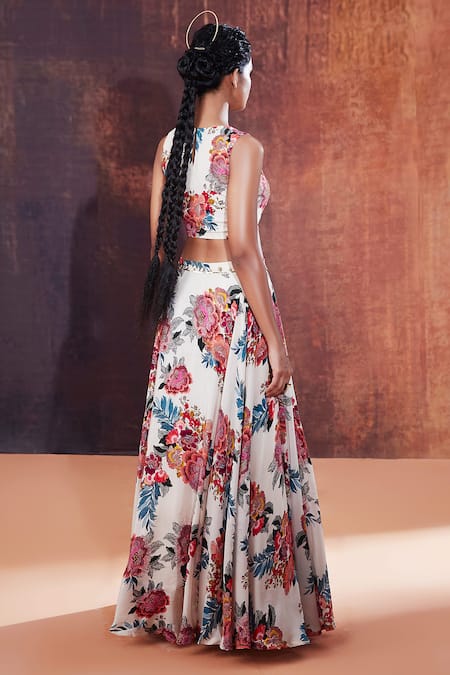 Shop_Affroz_Ivory Natural Crepe Printed Botanical Round Lehenga Set _at_Aza_Fashions