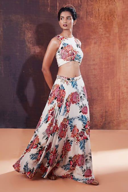 Buy_Affroz_Ivory Natural Crepe Printed Botanical Round Lehenga Set _Online_at_Aza_Fashions