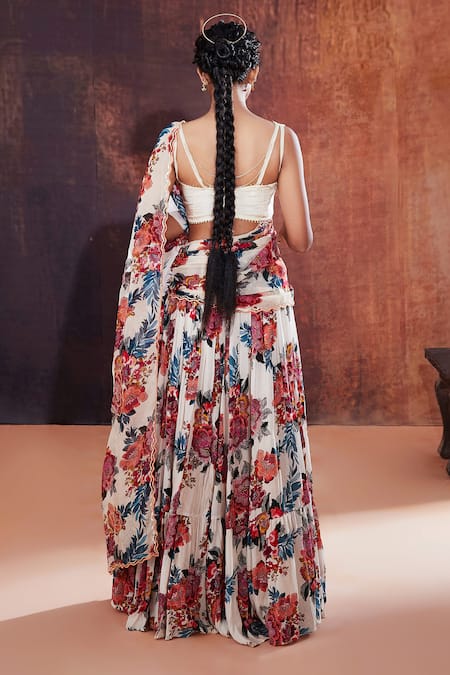 Shop_Affroz_Ivory Crepe Embroidery, Sequins Flower Print Lehenga Saree With Blouse _at_Aza_Fashions