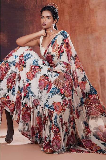 Affroz_Ivory Crepe Embroidery, Sequins Flower Print Lehenga Saree With Blouse _Online_at_Aza_Fashions