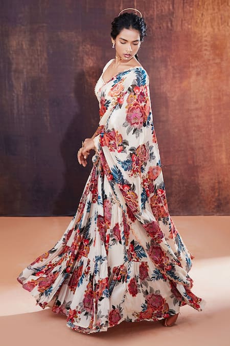 Buy_Affroz_Ivory Crepe Embroidery, Sequins Flower Print Lehenga Saree With Blouse _Online_at_Aza_Fashions