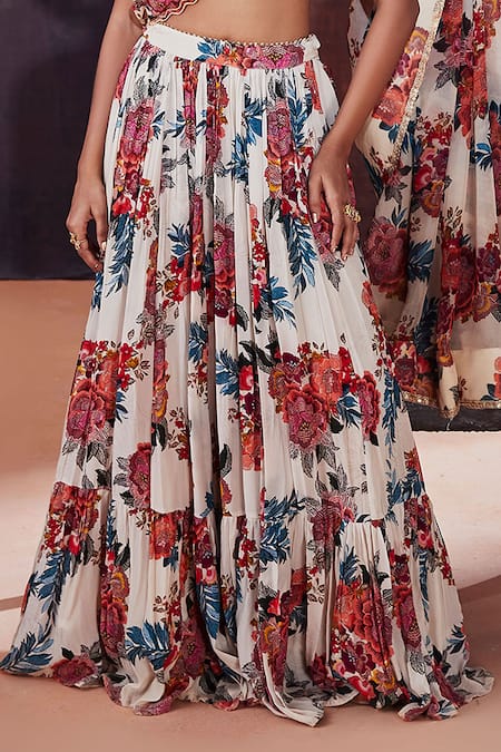 Buy_Affroz_Ivory Crepe Embroidery, Sequins Flower Print Lehenga Saree With Blouse 