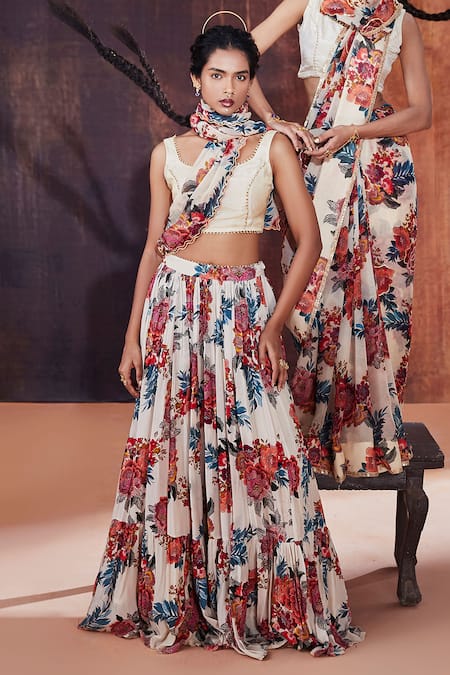 Shop_Affroz_Ivory Crepe Embroidery, Sequins Flower Print Lehenga Saree With Blouse 