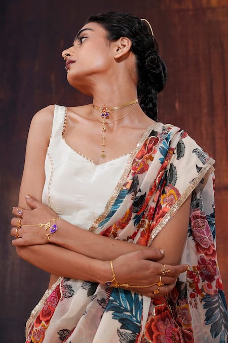 Shop Affroz Ivory Organza Embroidery Sweetheart Neck Flower Print Saree With Blouse Online at Aza Fashions Shop_Affroz_Ivory Organza Embroidery Sweetheart Neck Flower Print Saree With Blouse _Online_at_Aza_Fashions