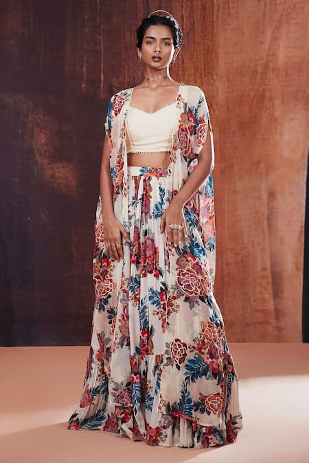 AFFROZ Floral Print Cape Lehenga Set 