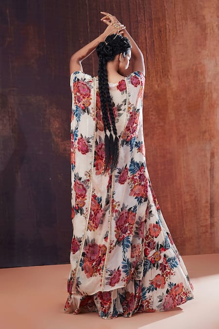 Shop_Affroz_Ivory Natural Crepe Printed Floral Cape Open Lehenga Set _at_Aza_Fashions
