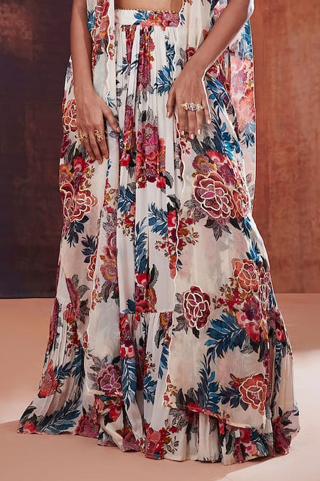 Affroz_Ivory Natural Crepe Printed Floral Cape Open Lehenga Set _Online_at_Aza_Fashions