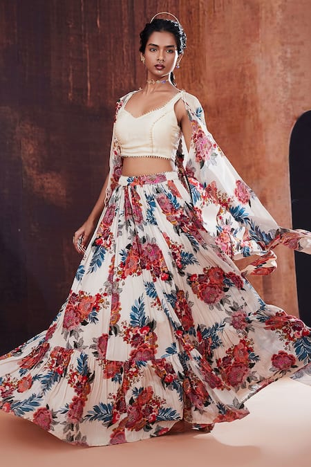 Buy_Affroz_Ivory Natural Crepe Printed Floral Cape Open Lehenga Set _Online_at_Aza_Fashions