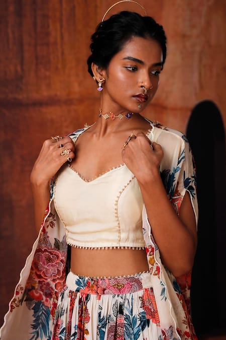 Shop_Affroz_Ivory Natural Crepe Printed Floral Cape Open Lehenga Set _Online_at_Aza_Fashions