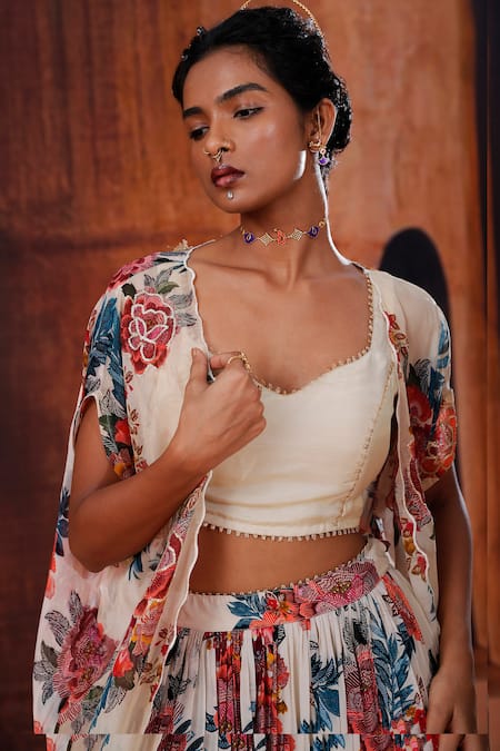 Affroz_Ivory Natural Crepe Printed Floral Cape Open Lehenga Set _at_Aza_Fashions
