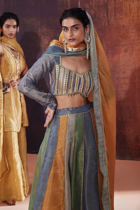 Affroz Blue Silk, Tissue Sequins, Lace Sweetheart Neck Panelled Embroidered Lehenga Set Online at Aza Fashions Affroz_Blue Silk, Tissue Sequins, Lace Sweetheart Neck Panelled Embroidered Lehenga Set _Online_at_Aza_Fashions