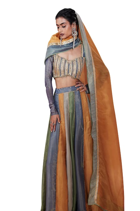 Buy Affroz Blue Silk, Tissue Sequins, Lace Sweetheart Neck Panelled Embroidered Lehenga Set Online at Aza Fashions Buy_Affroz_Blue Silk, Tissue Sequins, Lace Sweetheart Neck Panelled Embroidered Lehenga Set _Online_at_Aza_Fashions