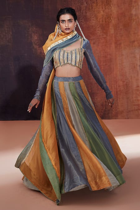 Affroz Blue Silk, Tissue Sequins, Lace Sweetheart Neck Panelled Embroidered Lehenga Set at Aza Fashions Affroz_Blue Silk, Tissue Sequins, Lace Sweetheart Neck Panelled Embroidered Lehenga Set _at_Aza_Fashions