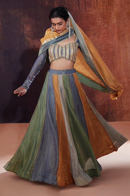 Buy Affroz Blue Silk, Tissue Sequins, Lace Sweetheart Neck Panelled Embroidered Lehenga Set Buy_Affroz_Blue Silk, Tissue Sequins, Lace Sweetheart Neck Panelled Embroidered Lehenga Set