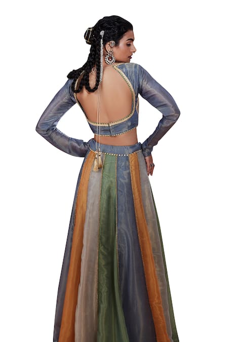 Shop Affroz Blue Silk, Tissue Sequins, Lace Sweetheart Neck Panelled Embroidered Lehenga Set Shop_Affroz_Blue Silk, Tissue Sequins, Lace Sweetheart Neck Panelled Embroidered Lehenga Set