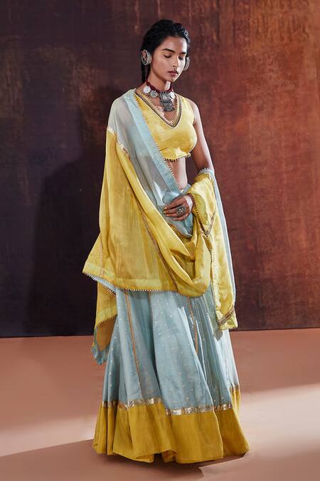 Affroz_Blue Silk Gota Patti V-neck Lace Embellished Lehenga Set _Online_at_Aza_Fashions