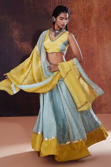 Shop_Affroz_Blue Silk Gota Patti V-neck Lace Embellished Lehenga Set _Online_at_Aza_Fashions