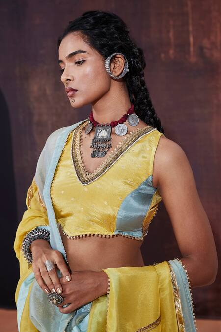 Affroz_Blue Silk Gota Patti V-neck Lace Embellished Lehenga Set _at_Aza_Fashions