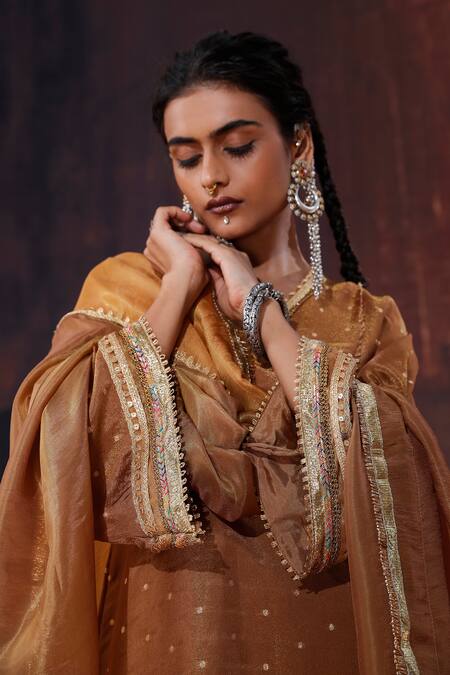Buy_Affroz_Brown Tissue, Silk Embroidery V-neck Geometric Woven Kurta Sharara Set _Online_at_Aza_Fashions