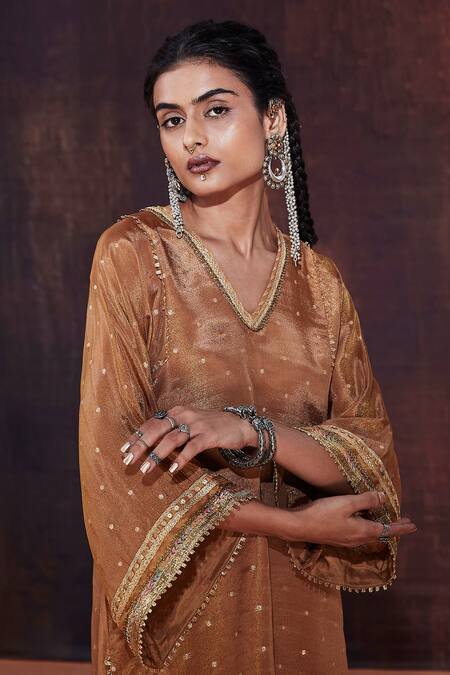 Shop_Affroz_Brown Tissue, Silk Embroidery V-neck Geometric Woven Kurta Sharara Set _Online_at_Aza_Fashions