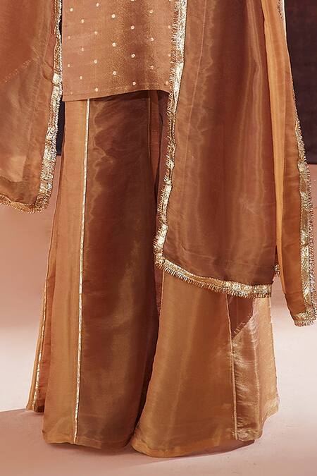 Affroz_Brown Tissue, Silk Embroidery V-neck Geometric Woven Kurta Sharara Set _at_Aza_Fashions