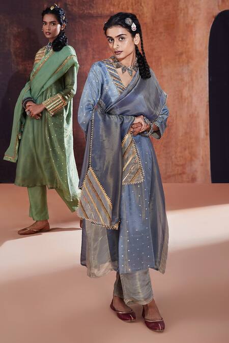 Affroz Blue Tissue, Silk, Jacquard Embroidery V-neck Polka Dot Woven Panelled Kurta Set Online at Aza Fashions Affroz_Blue Tissue, Silk, Jacquard Embroidery V-neck Polka Dot Woven Panelled Kurta Set _Online_at_Aza_Fashions