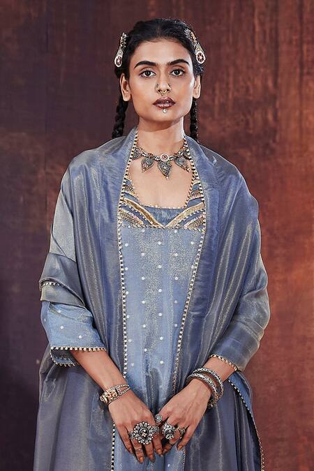 Buy Affroz Blue Tissue, Silk, Jacquard Embroidery V-neck Polka Dot Woven Panelled Kurta Set Online at Aza Fashions Buy_Affroz_Blue Tissue, Silk, Jacquard Embroidery V-neck Polka Dot Woven Panelled Kurta Set _Online_at_Aza_Fashions