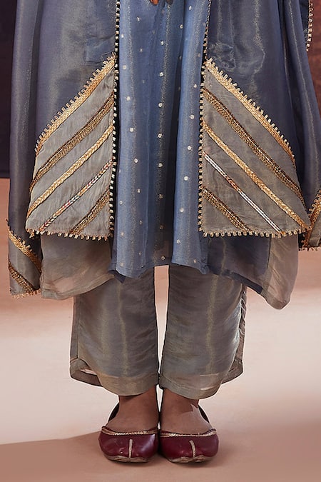 Shop Affroz Blue Tissue, Silk, Jacquard Embroidery V-neck Polka Dot Woven Panelled Kurta Set Online at Aza Fashions Shop_Affroz_Blue Tissue, Silk, Jacquard Embroidery V-neck Polka Dot Woven Panelled Kurta Set _Online_at_Aza_Fashions