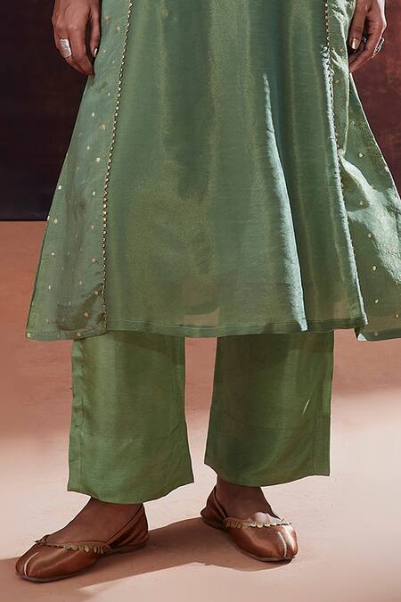 Affroz_Green Tissue, Silk, Jacquard Lace, Sequins Round Neck Yoke Embroidered Kurta Set _Online_at_Aza_Fashions