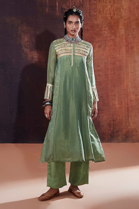 Buy_Affroz_Green Tissue, Silk, Jacquard Lace, Sequins Round Neck Yoke Embroidered Kurta Set _Online_at_Aza_Fashions