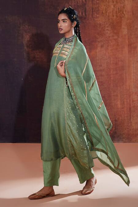 Shop_Affroz_Green Tissue, Silk, Jacquard Lace, Sequins Round Neck Yoke Embroidered Kurta Set _Online_at_Aza_Fashions