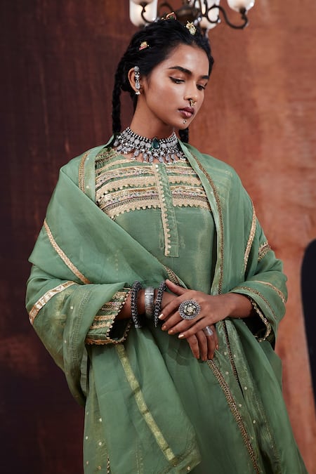 Affroz_Green Tissue, Silk, Jacquard Lace, Sequins Round Neck Yoke Embroidered Kurta Set _at_Aza_Fashions