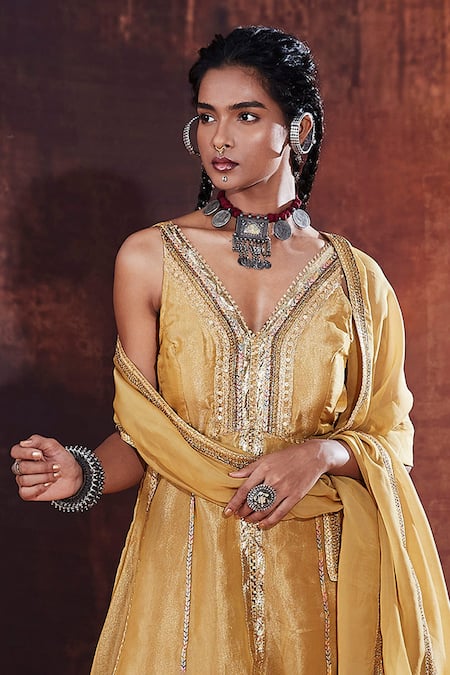 Affroz Gold Tissue, Silk Lace, Sequins, Embroidery Plunge Neck A-line Kurta Sharara Set Online at Aza Fashions Affroz_Gold Tissue, Silk Lace, Sequins, Embroidery Plunge Neck A-line Kurta Sharara Set _Online_at_Aza_Fashions