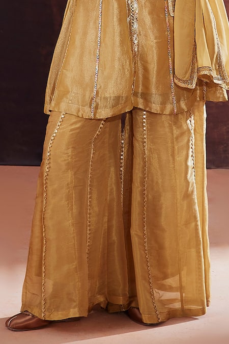 Buy Affroz Gold Tissue, Silk Lace, Sequins, Embroidery Plunge Neck A-line Kurta Sharara Set Online at Aza Fashions Buy_Affroz_Gold Tissue, Silk Lace, Sequins, Embroidery Plunge Neck A-line Kurta Sharara Set _Online_at_Aza_Fashions