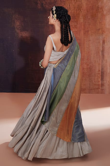 Shop_Affroz_Multi Color Crepe Lace Asymmetric Panelled Embellished Cape Lehenga Set _at_Aza_Fashions