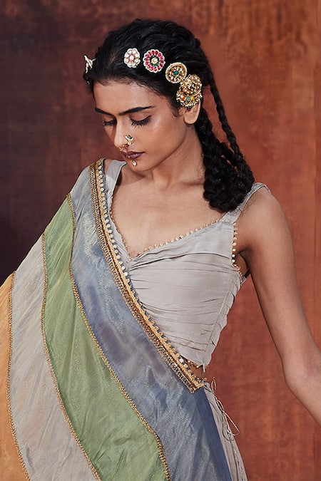 Affroz_Multi Color Crepe Lace Asymmetric Panelled Embellished Cape Lehenga Set _Online_at_Aza_Fashions
